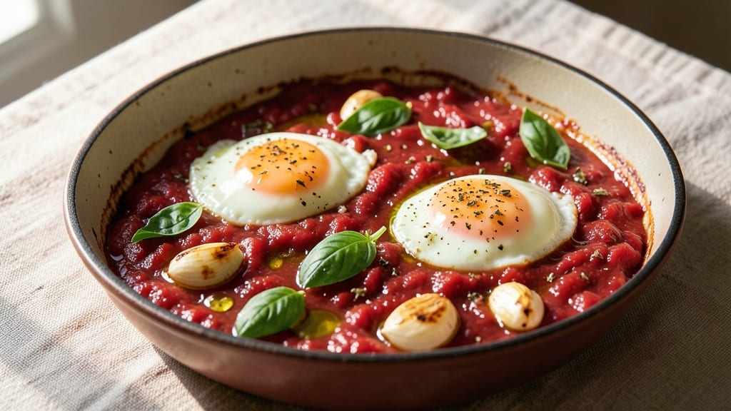 Baked Eggs in Tomato Sauce Recipe: Poached-In-Oven Richness With Herbed Yolk Luxe