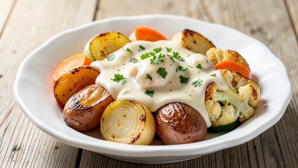Baked Vegetables in White Sauce Recipe: One-Pan Roasted Crisp-Tops and Creamy Core